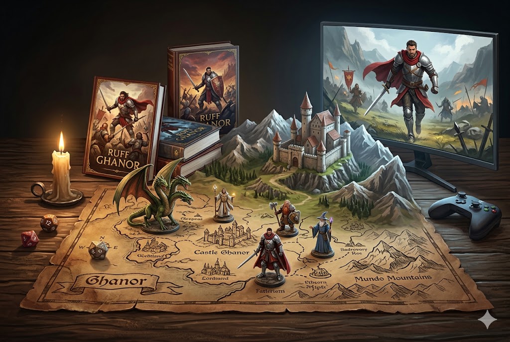 Composição em uma mesa de madeira mostrando a expansão transmídia de um universo de fantasia. No centro, um mapa físico detalhado com o nome 'Ghanor', preenchido com miniaturas de RPG, incluindo um dragão verde de três cabeças, um cavaleiro, um mago e um anão. À esquerda, três livros de capa dura intitulados 'Ruff Ghanor' ao lado de uma vela acesa e dados. À direita, um monitor exibe um cavaleiro medieval em um videogame, com um controle de console repousando na mesa.