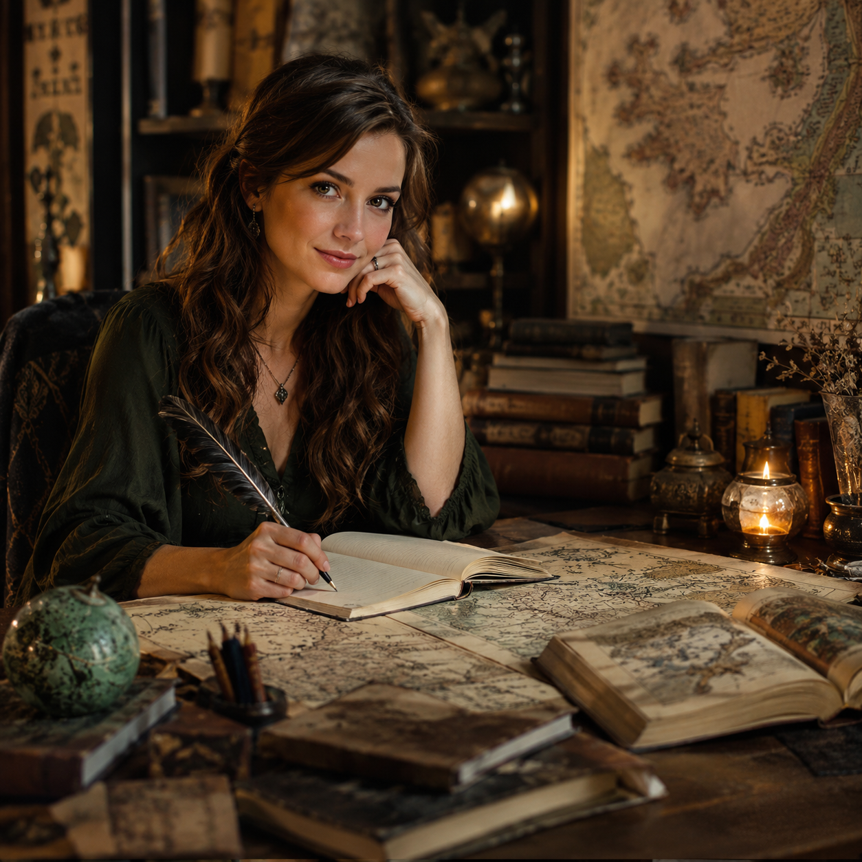 Retrato editorial de uma escritora em ambiente de fantasia, sentada em uma mesa com livros, mapas, caderno, pena e luz suave, representando autoria, worldbuilding e escrita criativa.