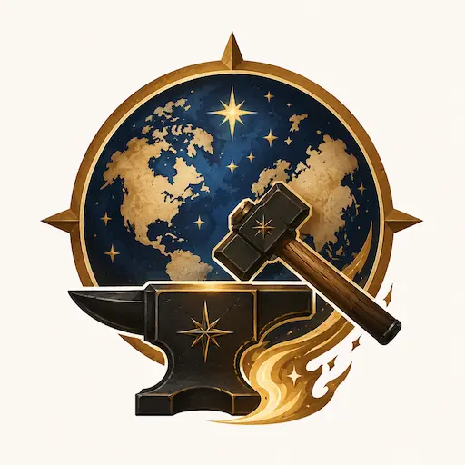 Logo em formato de emblema com bigorna, martelo, mapa-múndi estilizado, estrelas e chama dourada, representando criação de mundos fictícios, fantasia e worldbuilding.