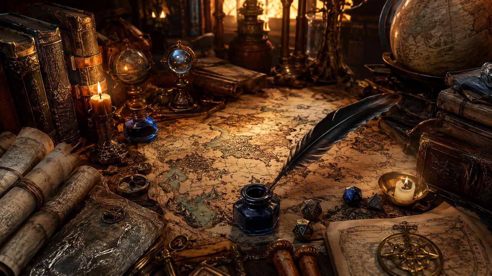 Mesa de criacao com mapa ficticio, livros antigos, pena, dados de RPG e bussola, representando worldbuilding e escrita criativa.