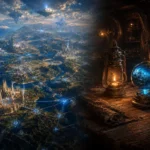 Imagem dividida entre um vasto mapa mágico de reino fantástico com ilhas flutuantes, cidades luminosas e linhas de energia azul, e uma taverna rústica iluminada por velas com lanterna e artefato mágico sobre uma mesa de madeira.
