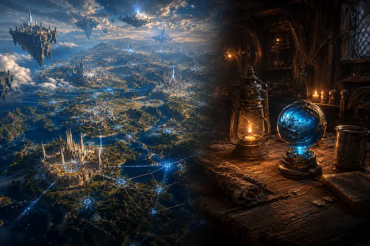 Imagem dividida entre um vasto mapa mágico de reino fantástico com ilhas flutuantes, cidades luminosas e linhas de energia azul, e uma taverna rústica iluminada por velas com lanterna e artefato mágico sobre uma mesa de madeira.