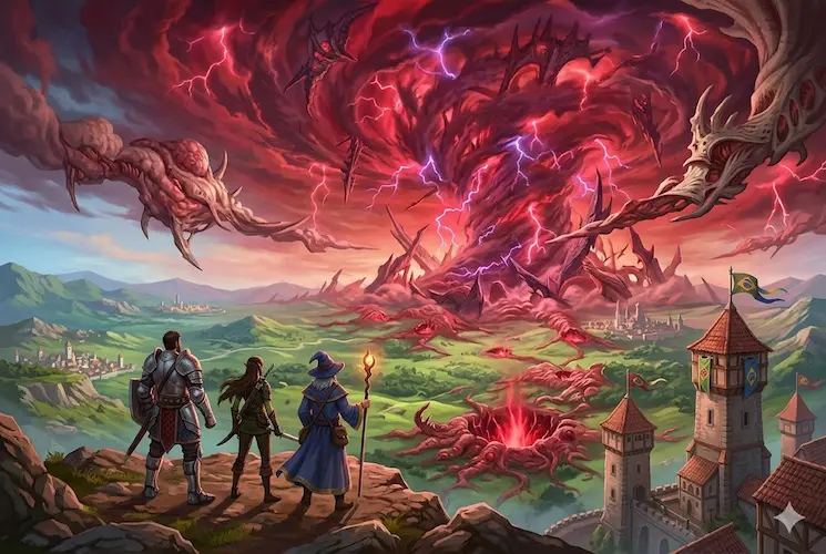 Ilustração de fantasia épica mostrando três aventureiros de RPG de mesa (um cavaleiro, uma elfa arqueira e um mago) no alto de um penhasco. Eles observam uma paisagem medieval sendo devastada por uma gigantesca tempestade mágica vermelha com raios e estruturas alienígenas. À direita, uma torre de castelo exibe uma bandeira com as cores do Brasil.