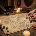 Mesa de madeira rústica vista de cima com um mapa de fantasia desenhado à mão no centro. Duas pessoas interagem com o mapa, apontando para locais e movendo miniaturas. Ao redor, elementos de RPG de mesa como dados poliédricos, velas acesas, cadernos, livros de couro e uma pena com tinteiro.