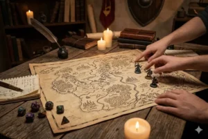 Mesa de madeira rústica vista de cima com um mapa de fantasia desenhado à mão no centro. Duas pessoas interagem com o mapa, apontando para locais e movendo miniaturas. Ao redor, elementos de RPG de mesa como dados poliédricos, velas acesas, cadernos, livros de couro e uma pena com tinteiro.