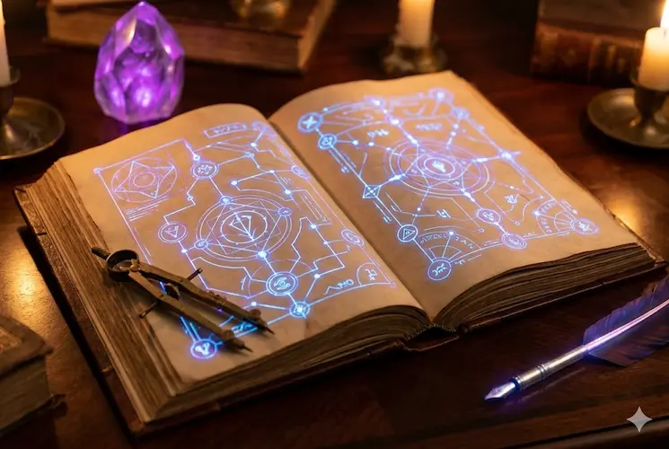 Capa de blog mostrando um livro de magia com diagramas de regras estruturadas em 750x500 pixels"