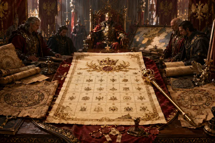 Calendário imperial em pergaminho sobre mesa de conselho real, cercado por mapas, selos, rolos de documentos, cetro e conselheiros diante de um rei em sala do trono medieval-fantástica.