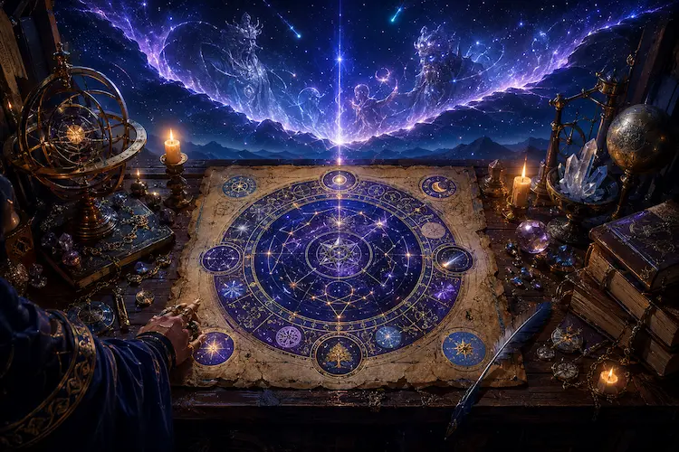 Calendário mágico em pergaminho com constelações, símbolos astrais e círculos arcanos sobre mesa de estudo, cercado por velas, cristais, livros e instrumentos astronômicos, enquanto o céu se abre em uma fenda cósmica com seres esquecidos ao fundo.