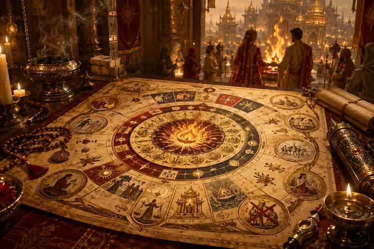 Calendário religioso em pergaminho sobre altar sagrado, com símbolos rituais, velas, incenso, contas de oração, pergaminhos e uma cerimônia diante de uma chama sagrada em um templo dourado.
