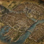 Mapa detalhado de uma cidade de fantasia vista de cima, com muralhas, castelo, bairros, ruas sinuosas, pontes, rio, porto e construções medievais.