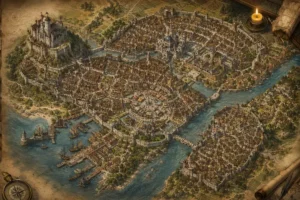 Mapa detalhado de uma cidade de fantasia vista de cima, com muralhas, castelo, bairros, ruas sinuosas, pontes, rio, porto e construções medievais.