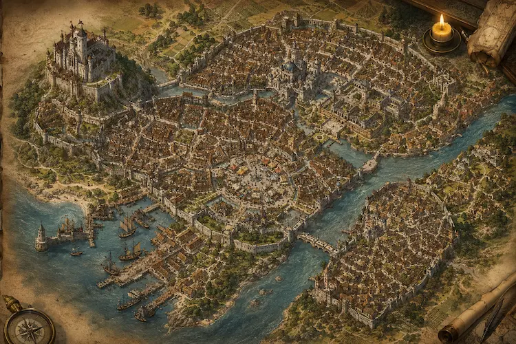 Mapa detalhado de uma cidade de fantasia vista de cima, com muralhas, castelo, bairros, ruas sinuosas, pontes, rio, porto e construções medievais.