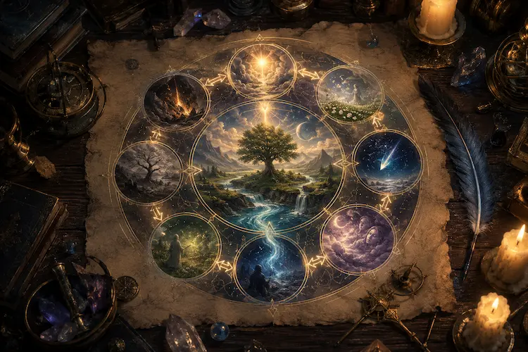 Cosmologia circular em pergaminho antigo, mostrando planos de existência ligados em ciclo de vida, morte, sonho, renascimento, esquecimento, criação e destruição, com rio místico, estrela cadente, símbolos arcanos, velas e pena sobre mesa medieval-fantástica.