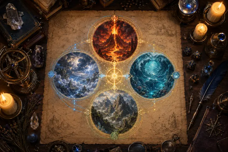 Cosmologia elemental em pergaminho antigo, mostrando planos de fogo, água, ar e terra conectados por símbolos arcanos, com velas, cristais, dados de RPG, pena e instrumentos mágicos sobre mesa medieval-fantástica.