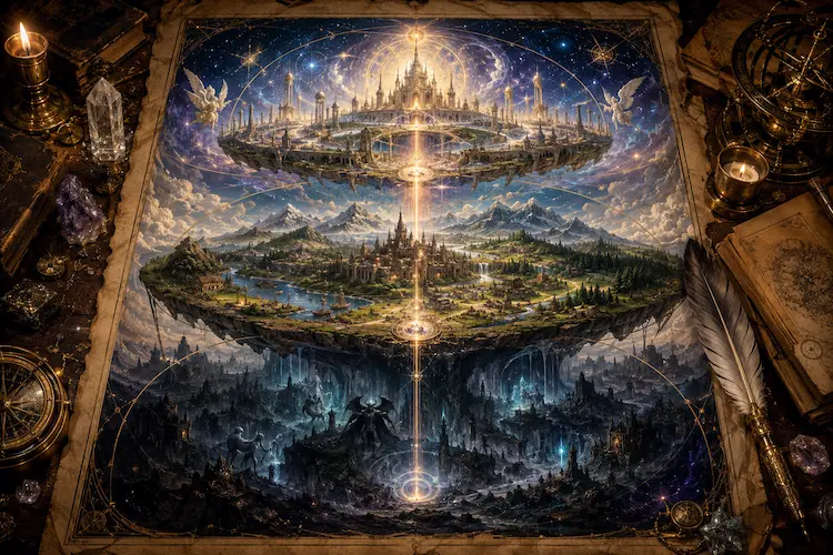 Cosmologia em camadas representada em pergaminho medieval, com reino celestial acima, mundo material ao centro e plano sombrio abaixo, ligados por um feixe de luz cósmica sobre mesa de criação fantástica.