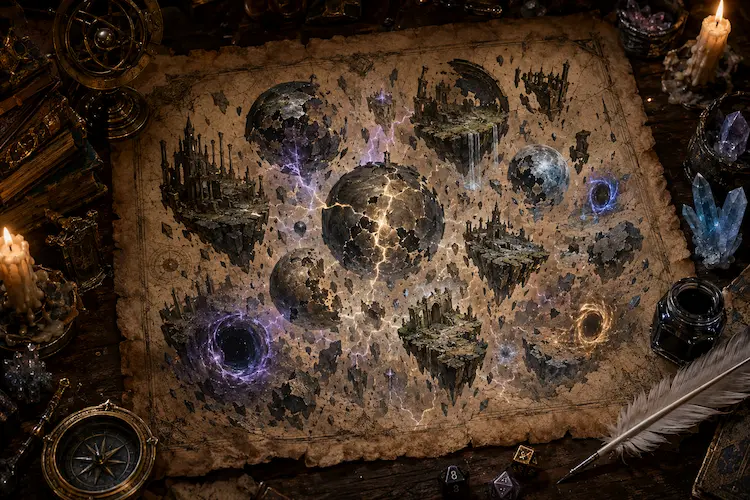 Cosmologia fragmentada em pergaminho antigo, mostrando planos quebrados como ilhas dimensionais e pedaços de mundos destruídos flutuando no vazio, com portais, ruínas cósmicas, cristais, pena, bússola e dados de RPG sobre mesa medieval-fantástica.