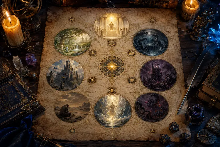 Cosmologia moral em pergaminho antigo, mostrando planos de existência ligados a virtudes, vícios, justiça, culpa, misericórdia e sombras, com símbolos arcanos, velas, livros, dados de RPG, pena e tinteiro sobre mesa medieval-fantástica.