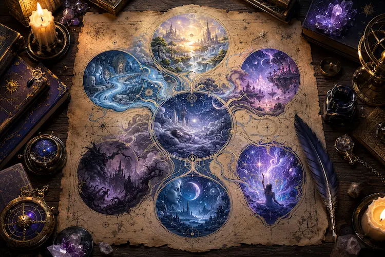 Cosmologia onírica em pergaminho antigo, mostrando sonhos, memórias, pesadelos e imaginação como partes conectadas do universo, com paisagens etéreas, figuras adormecidas, símbolos astrais, velas, cristais e pena sobre mesa medieval-fantástica.