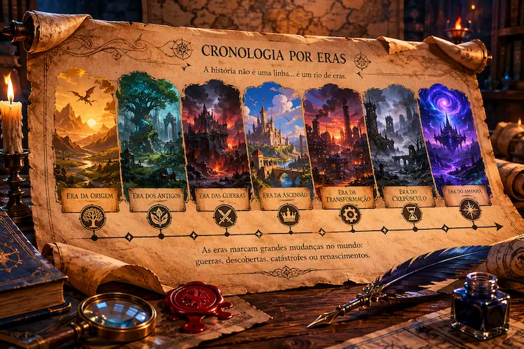Cronologia por eras em pergaminho antigo sobre mesa medieval, com linha do tempo ilustrada por diferentes períodos históricos, livros, vela, pena, tinteiro, mapa e símbolos de reinos fantásticos.