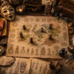 Mesa medieval-fantástica vista de cima, com mapa antigo, pergaminhos de cultura fictícia, máscaras cerimoniais, tecidos, moedas, objetos rituais, miniaturas de povos, dados de RPG, pena e tinteiro iluminados por luz dourada.