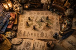 Mesa medieval-fantástica vista de cima, com mapa antigo, pergaminhos de cultura fictícia, máscaras cerimoniais, tecidos, moedas, objetos rituais, miniaturas de povos, dados de RPG, pena e tinteiro iluminados por luz dourada.