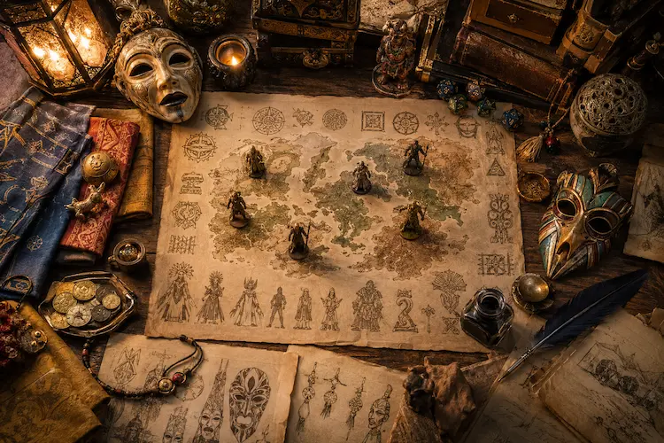 Mesa medieval-fantástica vista de cima, com mapa antigo, pergaminhos de cultura fictícia, máscaras cerimoniais, tecidos, moedas, objetos rituais, miniaturas de povos, dados de RPG, pena e tinteiro iluminados por luz dourada.