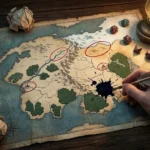 Mão de um cartógrafo desenhando um mapa de fantasia em um pergaminho antigo sob a luz de uma lamparina. O mapa possui marcações vermelhas destacando erros geográficos e uma grande mancha de tinta preta no centro, simbolizando furos de roteiro e inconsistências narrativas.