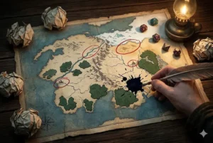 Mão de um cartógrafo desenhando um mapa de fantasia em um pergaminho antigo sob a luz de uma lamparina. O mapa possui marcações vermelhas destacando erros geográficos e uma grande mancha de tinta preta no centro, simbolizando furos de roteiro e inconsistências narrativas.