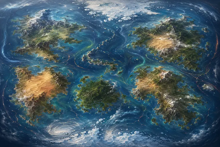 Mapa fantástico em escala continental mostrando grandes continentes, oceanos, ilhas, regiões polares, desertos, florestas, montanhas e correntes marítimas em uma visão macro de worldbuilding.