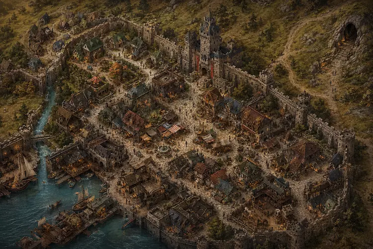 Mapa em escala micro de uma cidade medieval fortificada, com ruas estreitas, mercado, casas, muralhas, porto, torres, caminhos externos e entrada de caverna para aventuras de RPG.