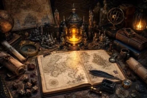 Mesa de criação de mundos com mapa antigo, pergaminhos, dados de RPG, livros e luz mágica simbolizando worldbuilding.