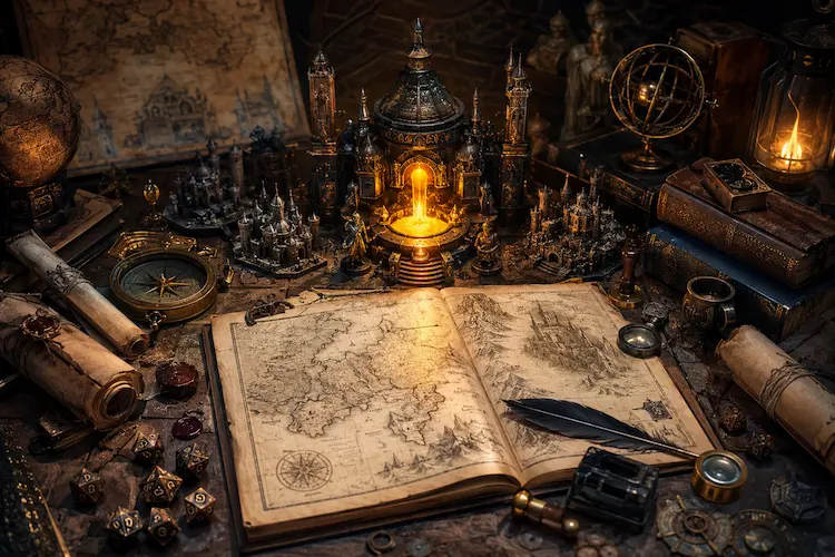 Mesa de criação de mundos com mapa antigo, pergaminhos, dados de RPG, livros e luz mágica simbolizando worldbuilding.