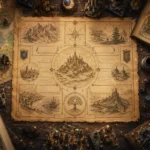 Mesa medieval-fantástica vista de cima, com pergaminho dividido em seções, mapa antigo, pena, tinteiro, dados de RPG, bússola, livros abertos e miniaturas de reinos iluminadas por pontos de luz dourada.