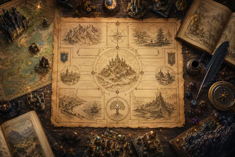 Mesa medieval-fantástica vista de cima, com pergaminho dividido em seções, mapa antigo, pena, tinteiro, dados de RPG, bússola, livros abertos e miniaturas de reinos iluminadas por pontos de luz dourada.
