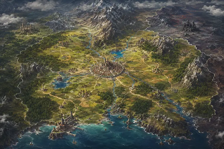 Mapa regional de fantasia mostrando um reino com capital fortificada, vilas agrícolas, estradas, rios, montanhas, florestas, costa marítima e territórios vizinhos.