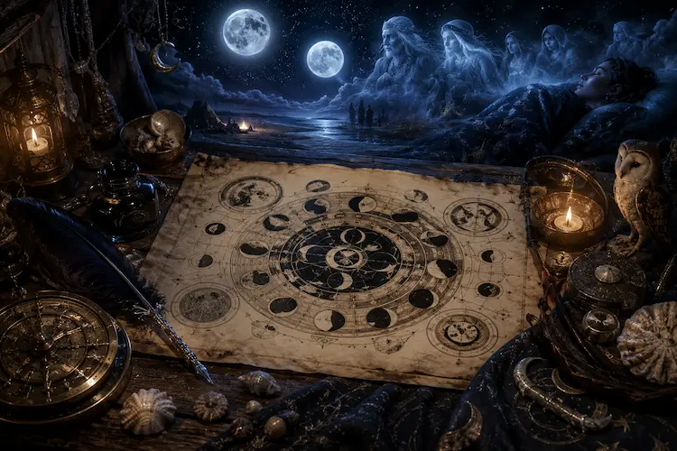 Calendário lunar de fantasia em pergaminho, com fases da lua, duas luas cheias no céu, símbolos astrológicos, pena, tinteiro, vela, coruja e figuras espirituais surgindo em uma paisagem noturna de sonho.