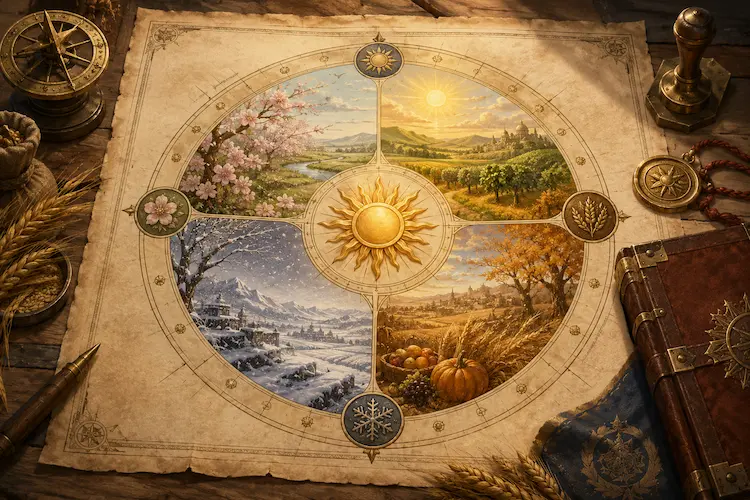 Calendário solar em pergaminho com quatro estações ao redor de um sol central, campos agrícolas, símbolos sazonais, bússola, ampulheta, livro antigo e elementos medievais sobre uma mesa de criação fantástica.