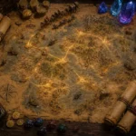 Mapa antigo de fantasia sobre mesa medieval, mostrando rotas comerciais iluminadas entre reinos, com moedas, pergaminhos de tratados, caravanas, navios, sacos de grãos, barras de ferro, cristais mágicos, pena, tinteiro e dados de RPG.