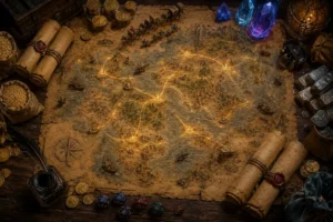 Mapa antigo de fantasia sobre mesa medieval, mostrando rotas comerciais iluminadas entre reinos, com moedas, pergaminhos de tratados, caravanas, navios, sacos de grãos, barras de ferro, cristais mágicos, pena, tinteiro e dados de RPG.