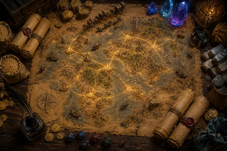 Mapa antigo de fantasia sobre mesa medieval, mostrando rotas comerciais iluminadas entre reinos, com moedas, pergaminhos de tratados, caravanas, navios, sacos de grãos, barras de ferro, cristais mágicos, pena, tinteiro e dados de RPG.
