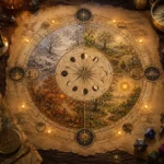 Calendário circular de fantasia em pergaminho sobre mesa medieval, com símbolos de estações, fases da lua, solstícios, ampulheta, bússola, mapa antigo, pena, tinteiro e dados de RPG iluminados por pontos dourados.