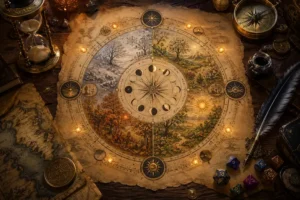 Calendário circular de fantasia em pergaminho sobre mesa medieval, com símbolos de estações, fases da lua, solstícios, ampulheta, bússola, mapa antigo, pena, tinteiro e dados de RPG iluminados por pontos dourados.