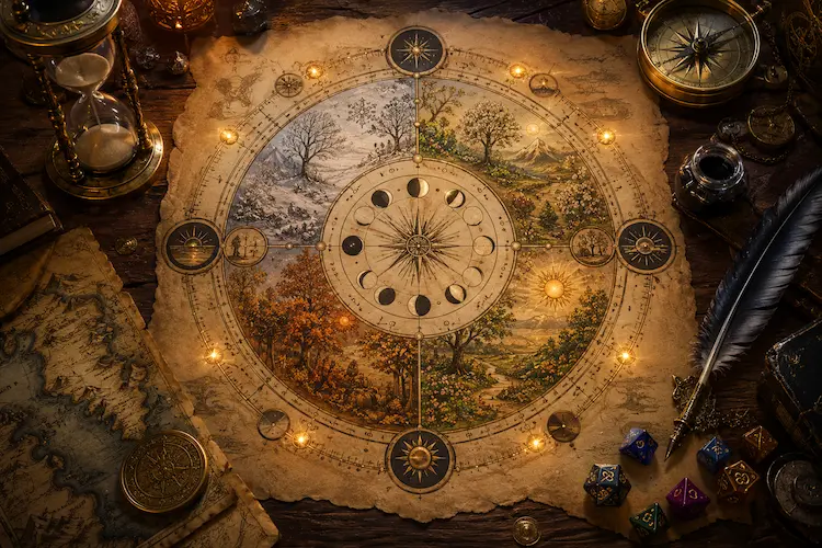 Calendário circular de fantasia em pergaminho sobre mesa medieval, com símbolos de estações, fases da lua, solstícios, ampulheta, bússola, mapa antigo, pena, tinteiro e dados de RPG iluminados por pontos dourados.