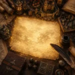 Mesa de criação de worldbuilding vista de cima, com pergaminhos, mapa antigo, pena, tinteiro, dados de RPG, livros abertos e miniaturas de reinos iluminadas por uma luz dourada mágica.