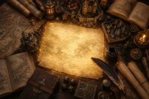 Mesa de criação de worldbuilding vista de cima, com pergaminhos, mapa antigo, pena, tinteiro, dados de RPG, livros abertos e miniaturas de reinos iluminadas por uma luz dourada mágica.