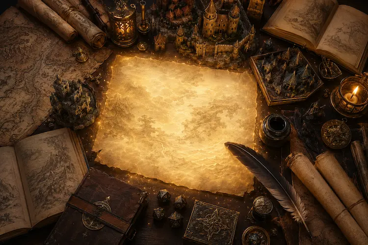 Mesa de criação de worldbuilding vista de cima, com pergaminhos, mapa antigo, pena, tinteiro, dados de RPG, livros abertos e miniaturas de reinos iluminadas por uma luz dourada mágica.