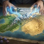 Ilustração de mãos esculpindo magicamente montanhas, rios e biomas em um mapa de fantasia aberto sobre uma mesa de madeira com dados de RPG e bússola, representando a criação realista de geografia para worldbuilding.