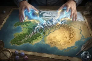 Ilustração de mãos esculpindo magicamente montanhas, rios e biomas em um mapa de fantasia aberto sobre uma mesa de madeira com dados de RPG e bússola, representando a criação realista de geografia para worldbuilding.