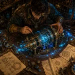 Engenheiro arcano trabalhando em um motor mágico sobre bancada medieval, com cristais azuis brilhantes, engrenagens, runas luminosas, pergaminhos técnicos, ferramentas, livros antigos, pena, tinteiro e dados de RPG.
