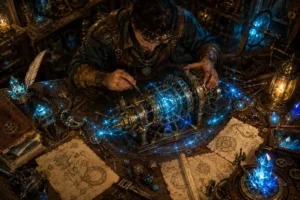 Engenheiro arcano trabalhando em um motor mágico sobre bancada medieval, com cristais azuis brilhantes, engrenagens, runas luminosas, pergaminhos técnicos, ferramentas, livros antigos, pena, tinteiro e dados de RPG.
